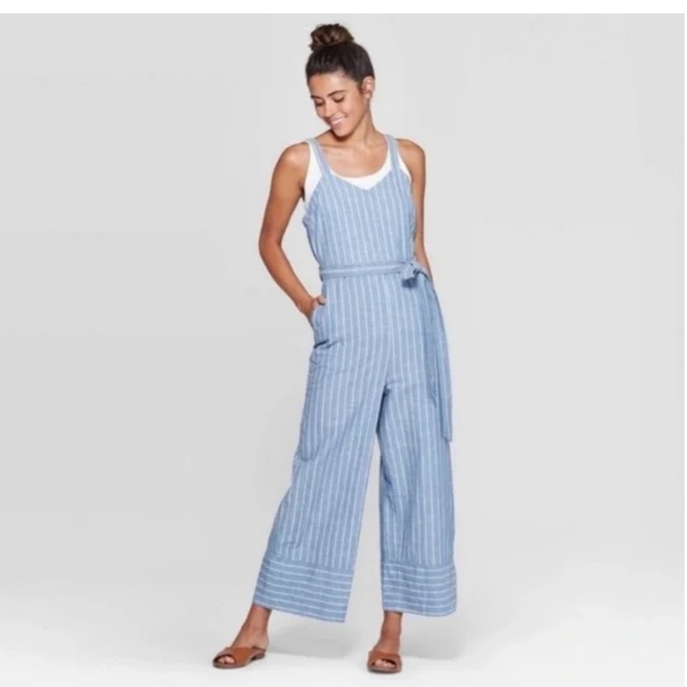 Universal Thread Blue Chambray Cotton Stripe Cropped Wide Leg Jumpsuit